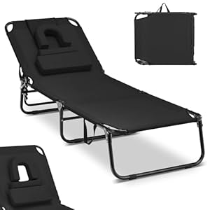 COSTWAY Sonnenliege mit Gesichtsöffnung, klappbare Gartenliege mit 3 abnehmbaren Kissen und 5-Fach Verstellbarer Rückenlehne, Strandliege Liegestuhl für Garten und Poolbereich (Schwarz)