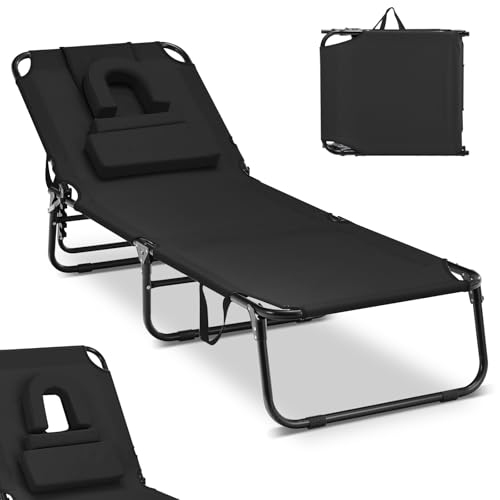 COSTWAY Tumbona con apertura facial, tumbona de jardín plegable con 3 cojines extraíbles y respaldo ajustable en 5 posiciones, tumbona de playa para jardín y zona de piscina (negro)
