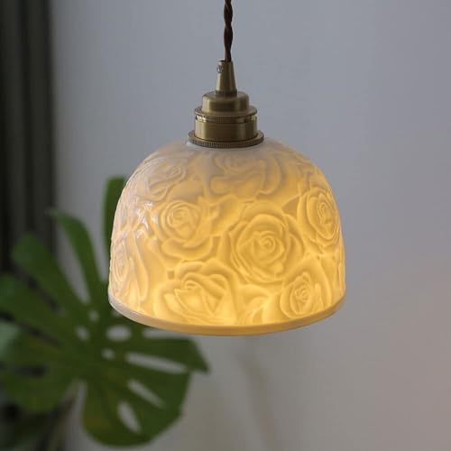 Image of Vintage Pendant Light White Ceramic Small Chandelier Ceiling Lamp, Rose Pattern Shade E27 Hanging Lighting Fixtures, Antique Suspended Lamps for Kitchen Island Study Room Living Room Bar