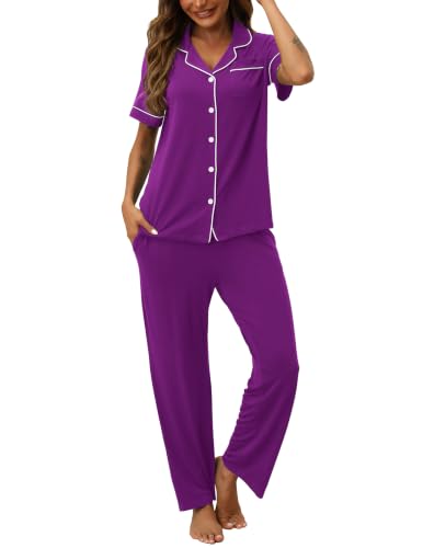Image of HNG Women Pajamas Set 2 Piece Button Up Pajamas Pant and Short Sleeve Shirt for Woman Pj Sets with Pocket