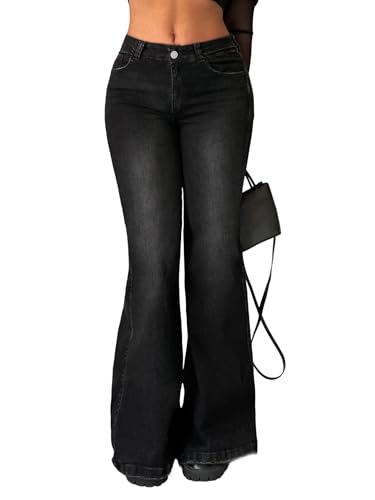 EMMIOL Women Trendy Bootcut Flared Jeans Mid-High Waist Jeans Stretch 90s Bell Bottom Denim Pants