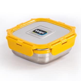 Image of Veigo Original Stainless Steel Medium Snack Box (330 ml)| Airtight & Leakproof| Freezer & Dishwasher Safe| Snacks Box for School|Silicone Ring & Polymer Frame| Safe Lid Lock| Yellow