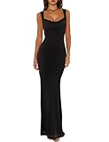 REORIA Women's Summer Cowl Neck Mesh Sleeveless Tank Dress Sexy Double Lined Bodycon Maxi Long Dresses Black Large