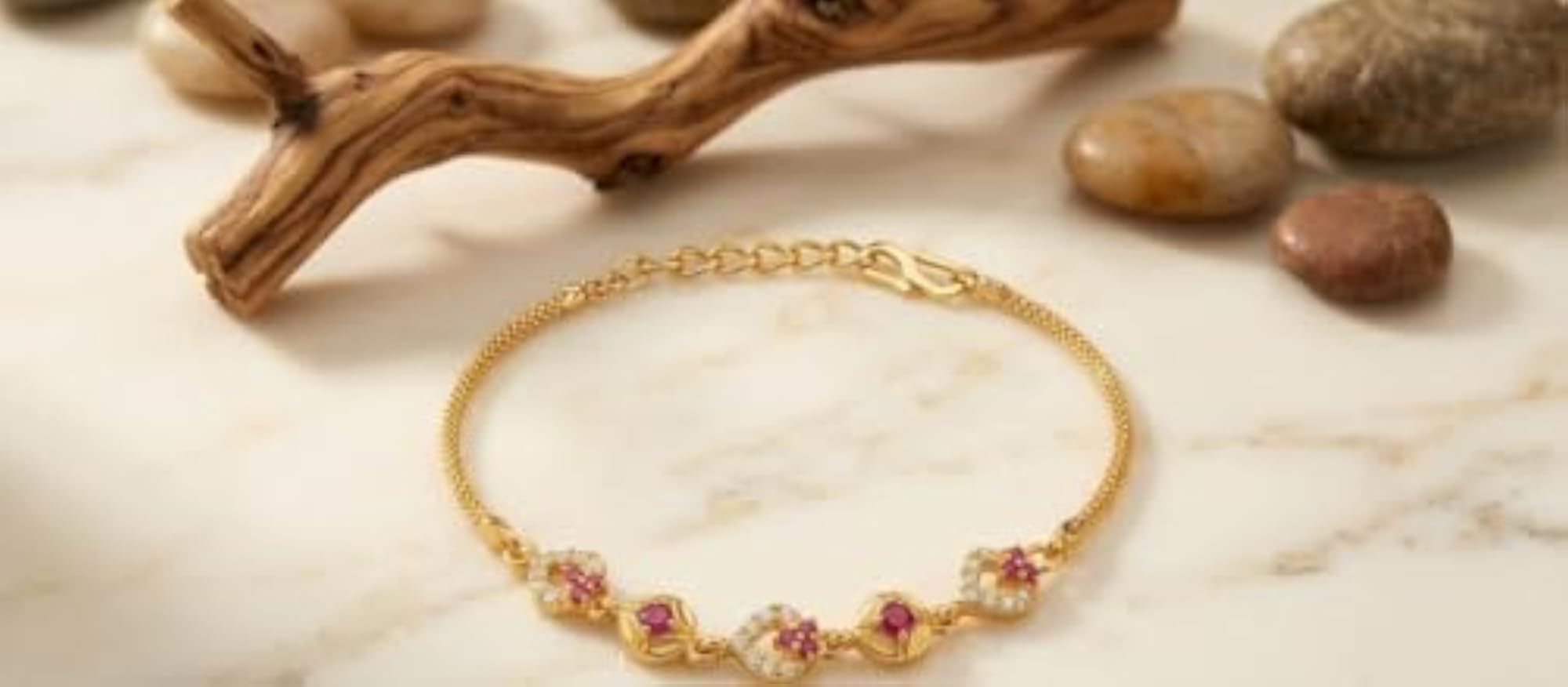 Women's Golden Ruby Floral Bracelet, Brass Copper Alloy