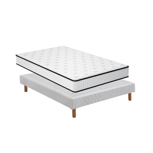 TEENO-Matelas 140 ×190 en Mousse + Sommier 140 ×190 tapissier volige 4 Pieds et 26 lattesParfait Soutien Haute Resilience Ultra Respirante, Matelas réversible à Deux Faces entièrement utilisables 140