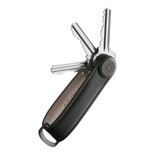 orbitkey Leather Key Organizer | Durable Stainless Steel Locking Mechanism Slim & Quiet Profile | Holds up to 7 Keys Black with Black Stitching