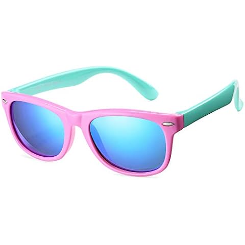 Braylenz Kids Polarized Sunglasses, TR90 Unbreakable Shades Glasses for Boys Girls Age 3-10 (Pink Green/Blue Mirrored Lens) Cover