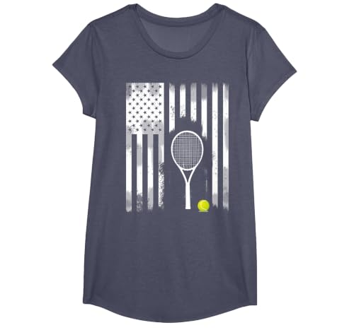 Tennis American Flag USA America Tennis Open Patriot T-Shirt, Girls, Heather Blue, Small