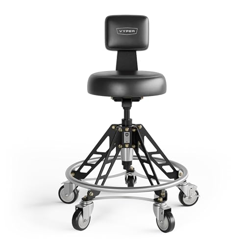 Vyper Elevated Steel Max EZ-Lift Shop Chair with Backrest Rolling Stool for Workbench Height 400 lb Capacity Industrial Casters Adjustable Ergonomic Mechanic Seat - 24 - 29.5 Black Legs
