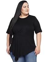 wild U Women Plus Size Pleated Asymmetric Thigh Length Stylish Casual Tunic Top (Black, Size : 4XL)