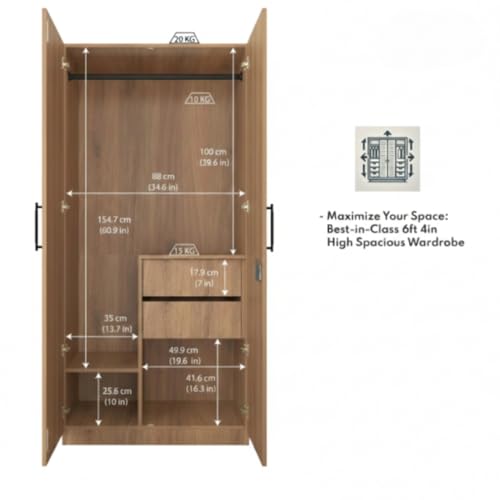Image of Amazon Brand - Solimo Meroki 2 Door Wardrobe | Cupboard | Almirah with Drawers, Hanging Rod & 4 Shelves | 90L x 45W x 180H CM | Wood Oak Light | DIY