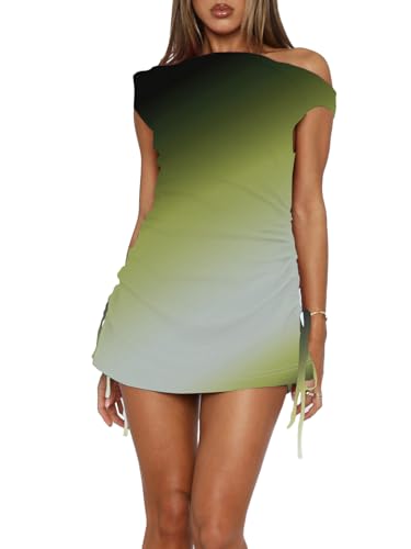 Image of Women's Summer Bodycon Dresses Sexy One Shoulder Side Drawstring Vacation Cocktail Club Party Cute Mini Dress