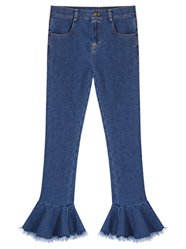 Kids Girls Button Down Raw Hem Bell-Bottom Denim Pants with Pockets Vintage Casual Jeans3