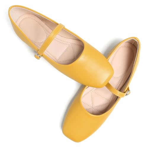 Image of TN TANGNEST Leather Flats for Women Retro Mary Jane Flats | Comfortable Square Toe Slip On Flats with Buckle Strap, Soft Work Flats Office Shoes