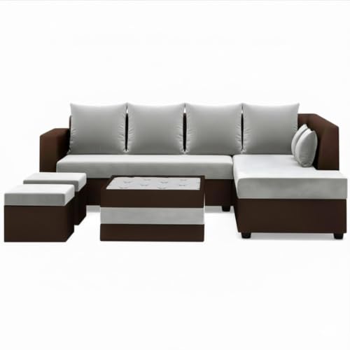 Image of CASASTYLE Stylify 8 Seater Fabric RHS L Shape Sofa Set with 1 Centre Table & 2 Ottoman (Light Grey-Dark Brown) 8 Person Seating with Premium Velvet Finish | Ideal for Living Room