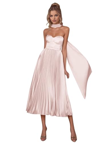 Women's Satin Strapless Bridesmaid Dresses with Scarf Pleated Tea Length A Line Wedding Guest Dress Formal Gown