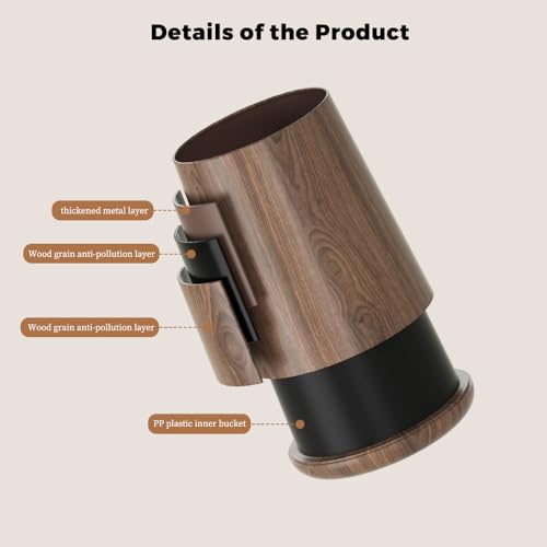 Image of 8L /2.1GAL Modern Metal Waste Bin with Realistic Wood Texture,Built-in Bag Holder,Open-Top Trash Bin for Bathroom,Home,Office,Living Room (2.1gal Cone)