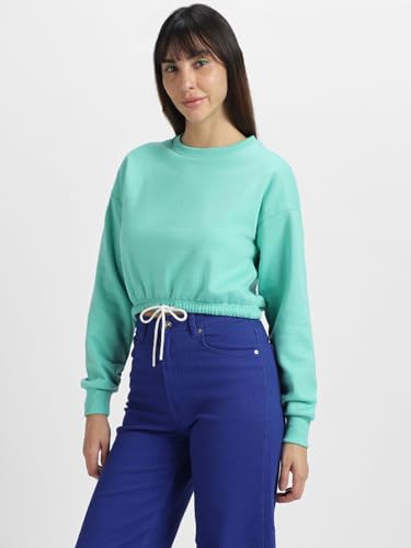 Image of JUNEBERRY Cotton Poly Fleece Regular Fit Pink, Purple Green & Orange Solid Full Sleeve Sweatshirt for Women