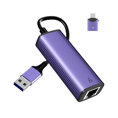 IVSHOWCO 2 in 1 USB to Ethernet Adapter, USB C 3.0 to Gigabit Ethernet Adapter LAN Network, 1000Mbps High Speed Network Port Compatible MacBook pro, iPad Air Pro, Laptop, XPS, Switch Purple.