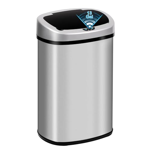 13 Gallon Automatic Trash Can with Lid, Touch Free Stainless Steel Kitchen Trash Can Smart Garbage Can 50L High Capacity Electronic Sensor Trash Bin Waste Bin for Room Kitchen Office, Silver