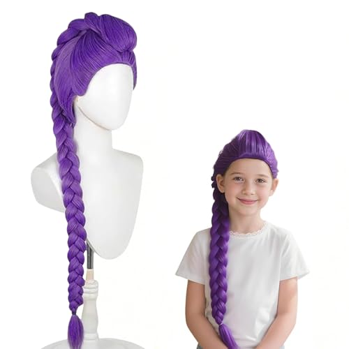 Parrucca Cosplay Bambini, Parrucca Cosplay Da Anime, Parrucca lunga con treccia viola e coda di cavallo, Trecces Viola Realistiche Accessoris Cosplays Per Halloween, Feste Di Carnevale