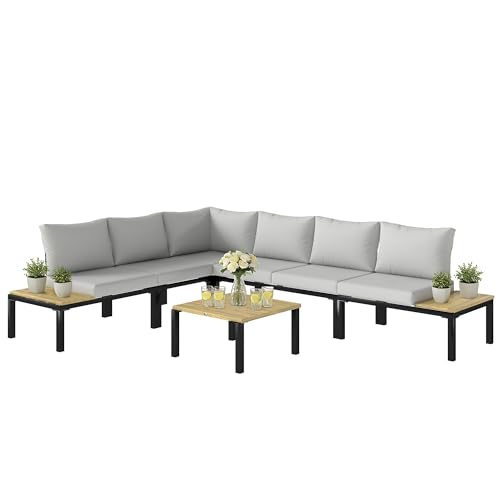 Outsunny Salon de Jardin Modulaire 6 Pièces - Ensemble Canapé Extérieur Transformable en Lit - Mobilier de Jardin Design avec Table Basse et Plateaux...