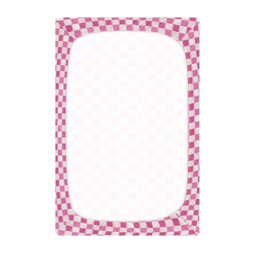 Image of Pink Checkered Fitted Crib Sheets Stretchy Portable Playard Sheets for Baby Toddler, Breathable Soft Mini Crib Mattress 52 x 28 in for Boys and Girls