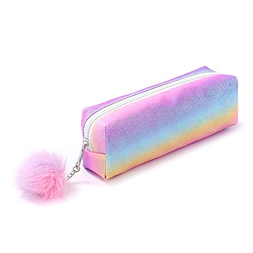 Trousse à crayons arc-en-ciel pochette à crayons paillettes trousse de maquillage cosmétique sac à main avec pompon pour femmes et filles pour l'école Cover