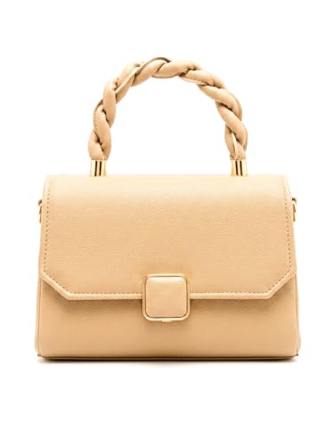 Image of Women's Sling Handbag with Braided Top Handle, Beige Leather, Adjustable Strap, Gold Hardware, Medium Size