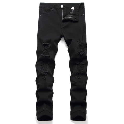 Men Slim Stretch Jeans, Distressed Straight Leg Skinny Hole Jean, Fashion Comfort Casual Outdoors Solid Denim Pants