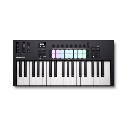 Image of Novation Launchkey 37 MK4 - Compact 37 Key, USB, MIDI Keyboard Controller with DAW Integration. Chord Mode, Scale Mode, 8 Drum Pads, and Arpeggiator - Includes Software Bundle for Music Production | Verified Key Features :, 37 Full-Size Synth-Action Keys, 16 Velocity-Sensitive Drum Pads, Fixed Chord and Chord Map Modes
