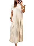 HOULENGS Women's 2025 Casual Short Sleeve Pleated Maxi Dress Loose Fit Crewneck Flowy Long Dress with Pockets Beige Medium