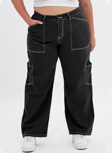 Eytino Womens Plus Size Cargo Pants High Waisted Stretch Wide Leg Baggy Pants Casual Trousers with Pockets(1X-5X)4