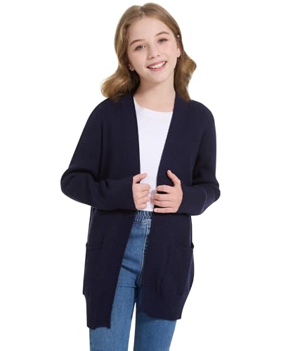 Image of WULFUL Girls Long Sleeve Cardigan Kids Casual Open Front Oversized Sweater with Pockets