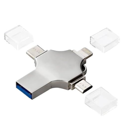 Wayzu 64GB 4-in-1 Flash Drive – Mobile Storage for iPhone, Android, Type-C & PC – Multi-Port Memory Stick – Silver