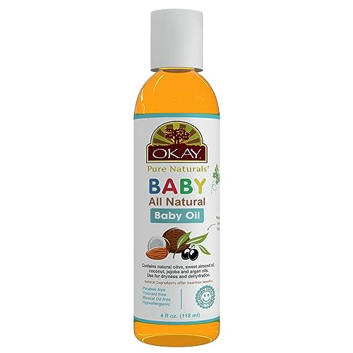 Image of OKAY Pure Naturals Baby Oil - Baby Oil for Newborn, Baby Hair & Body Oil for Dry Skin, Scalp, Bath, Shower, with Jojoba, Coconut, Almond & Olive Oil, Unscented, Fragrance Free - 4 Fl Oz (Pack of 1)