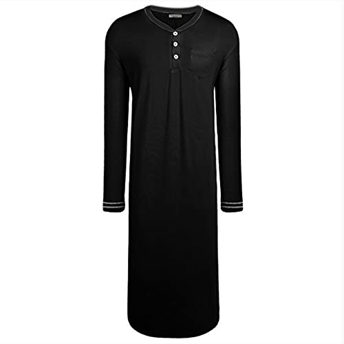 Hommes Longues Chemises De Nuit À Manches Longues Col Rond Chemise De Nuit Coton Tricoté Lâche Pyjamas Vêtements De Nuit Salon Léger Vêtements De Nuit pour La Maison M-XXXL,Noir,XL Cover