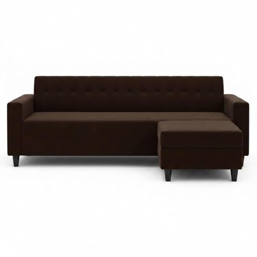 Image of FURNY Luxe 4 Seater L Shape Sofa Set with Movable Ottoman | Flexible Left or Right Layout | Plush Velvet Fabric (Dark Brown-Cream) | Perfect for Living Room, Guest Room & Office