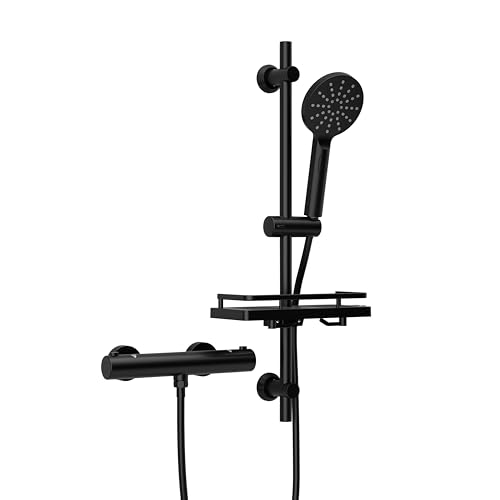 Görbach Colonne de Douche avec Thermostatique Robinetterie et Étagère de Douche, Mitigeur de Douche + Ensemble de Barre de Douche en Acier inoxydable de 70 cm avec Douchette et Tuyau, DSD12 Noir mat