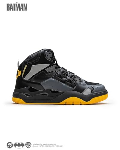 Image of Bacca Bucci Men's Batman-Inspired High-Top Sneakers | Chunky Streetwear Shoes with Mesh Panels, Buckle Strap Detail, Black Grey Yellow Colorway | Casual Statement Shoes
