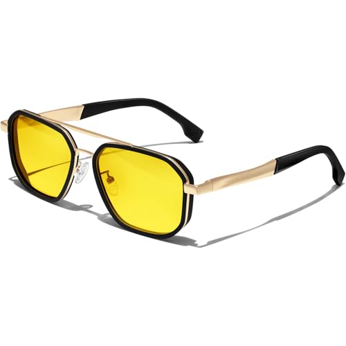 KANASTAL Night Driving Glasses for Men Women Metal Anti Glare Night Vision Lens Lightweight Yellow Square Sunglasses for Fishing 100% UV400 Protection (Gold Frame Yellow Lens)