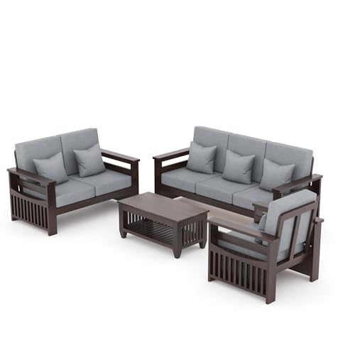 Image of Sheesham Wooden 6 Seater Sofa for Living Room | Rosewood 6 Seater Cushion Sofa Side Half Moon Rack | Solid Wood Sofa Set for Lounge (-3+2+1,Walnut Finish)