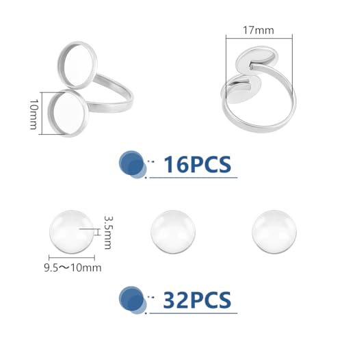 UNICRAFTALE 16pcs Adjustable Blank Ring Base 17mm Clear Glass Cabochon Base 304 Flat Round Trays Stainless Steel Bezel Tray 10mm for Jewelry Making - Image 3