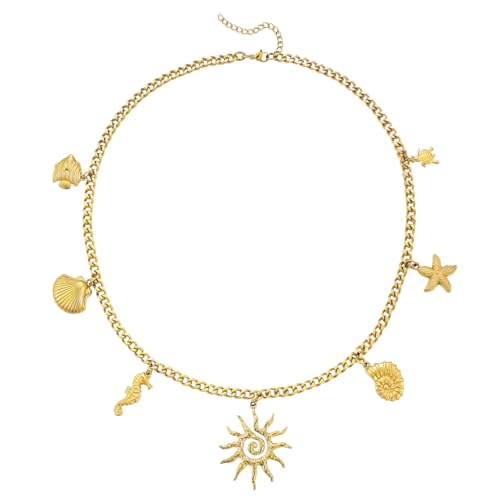 Emibele Collier Doré pour Femme, Collier Coquillage avec Pendentifs Étoile de Mer et Coquille, Acier Inoxydable Plaqué Or 18K, Anti-Ternissure, pour Été,...