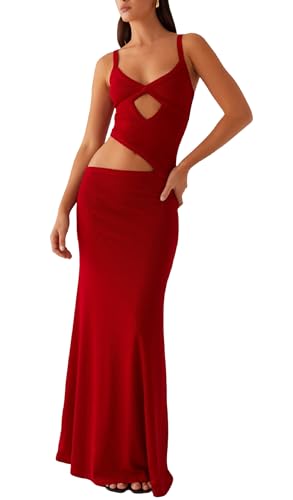 Image of NUFIWI Women Bodycon Spaghetti Strap Cutout Maxi Dress Hollow Sexy Fitted Dresses Sleeveless Stretch Slip Long Dress
