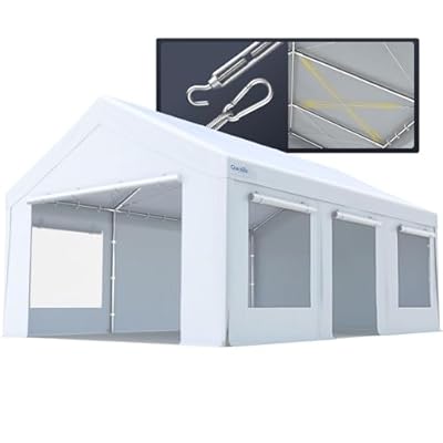 Quictent Heavy Duty 12x20 ft Carports with Side Zipper Doors & Snowproof Steel Cables & Ventilated Windows, Waterproof Storage Shelter for Car, Boat, RV, Outdoor Equipment, White