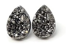 Gun Metal Jewelry for Women: Teardrop Shaped Faux Druzy Stone Stud Earrings
