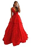 Women's Red Tulle Prom Dresses V Neck Backless Ruffled Evening Formal Dress A Line Long Puffy Ball Gown Size 4