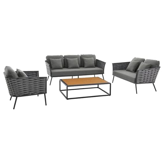 Mymigos Patio Furniture Set, 4 Pieces for Porch Backyard Garden Outdoor Furniture Rope Sofa with Wooden Top Table Premium Conversation Set with Washable Soft Cushion in Grey Color 1