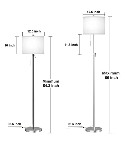 Modern Silver Floor Lamp For Living Room, Adjustable Height Standing Lamp With Metal Base, 3-Way Dimmable Tall Pole Light With White Linen Shade For Bedroom, Pull Chain Switch, 6W Led Bulb Included #TOP1